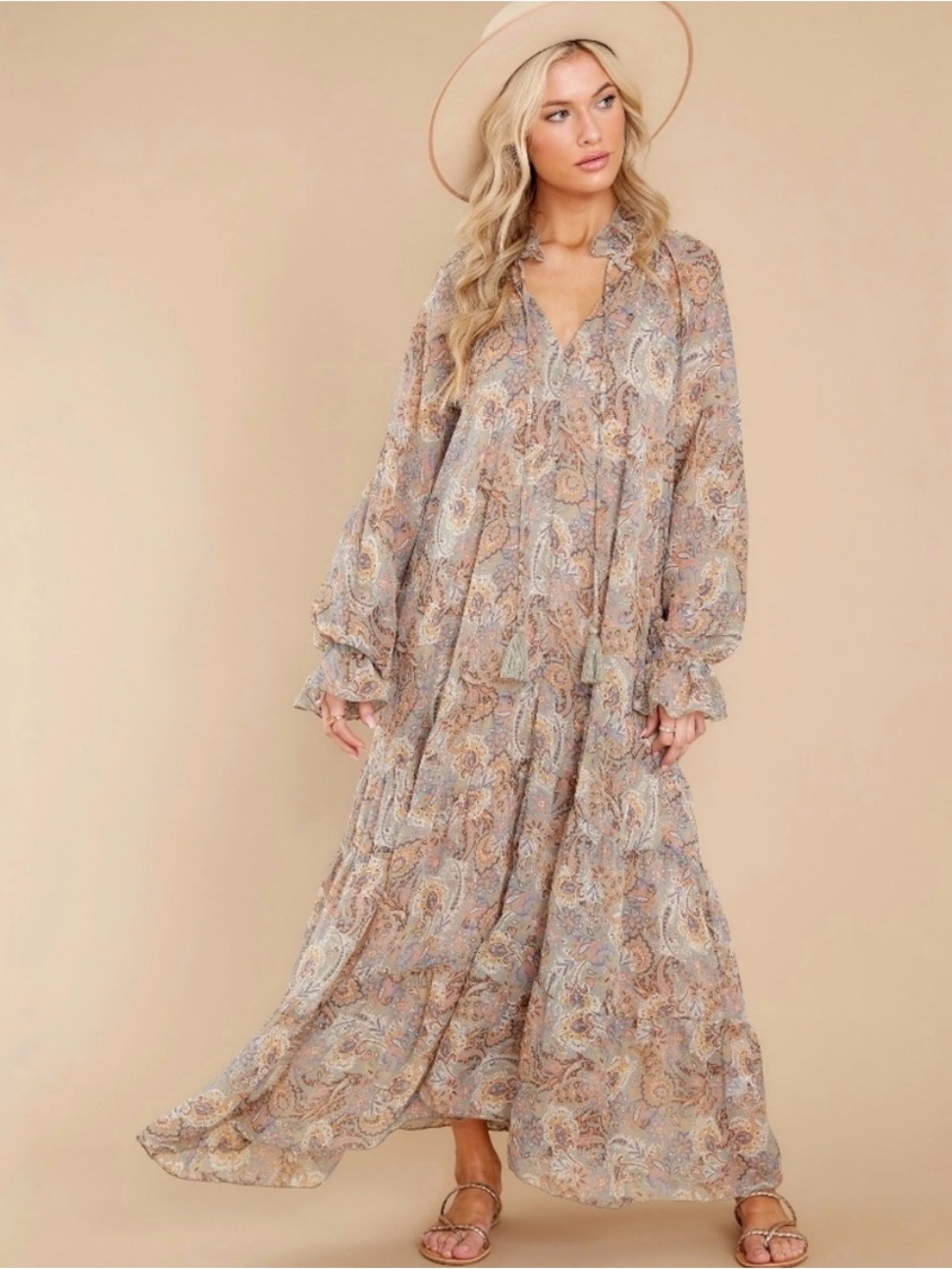 Aura Paisley Maxi Dress Sage Romantic Boho Tiered Prairie | Small